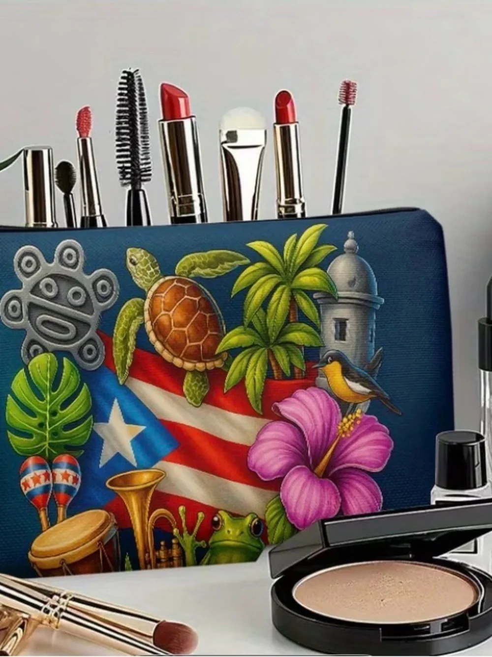 Tropical Puerto Rico Flag Pouch with Turtle & Hibiscus